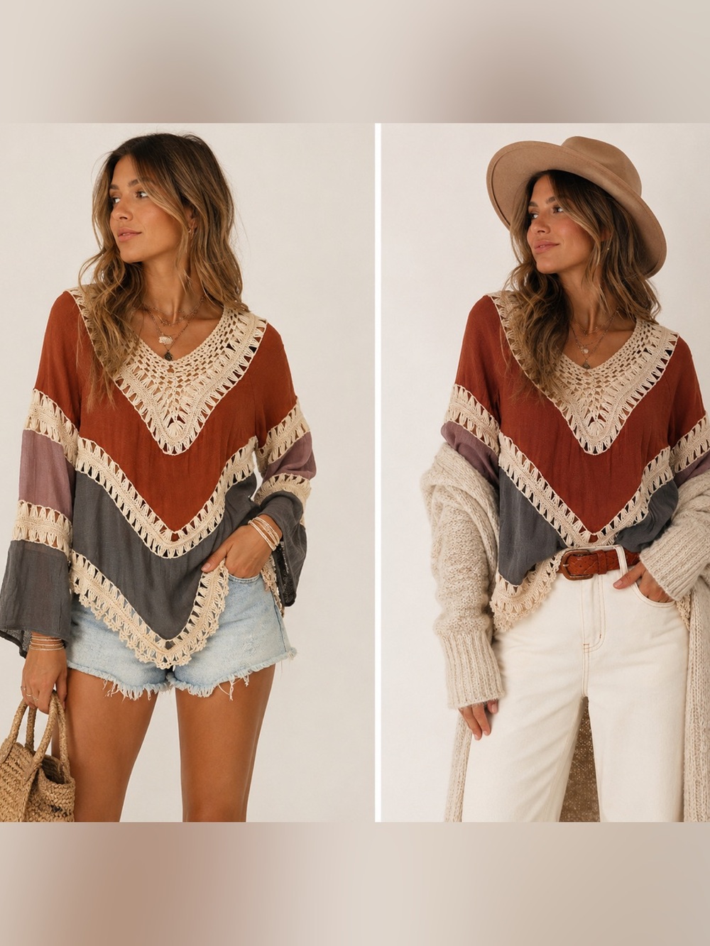 Boho Colorblock Crochet Bell Sleeve Trim Sweater Tunic  - Rust